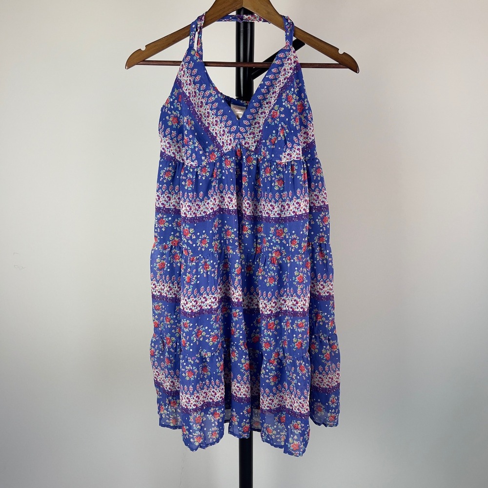 Mossimo Supply Co Blue Floral Tiered Babydoll Dress Large Boho Whimsygoth V-Neck
